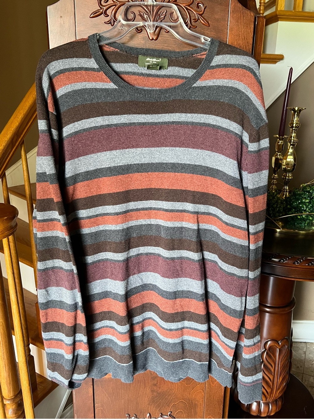 Eddie Bauer Cashmere Cotton Fall Stripe Crewneck Sweater Cabincore Sz XL TALL